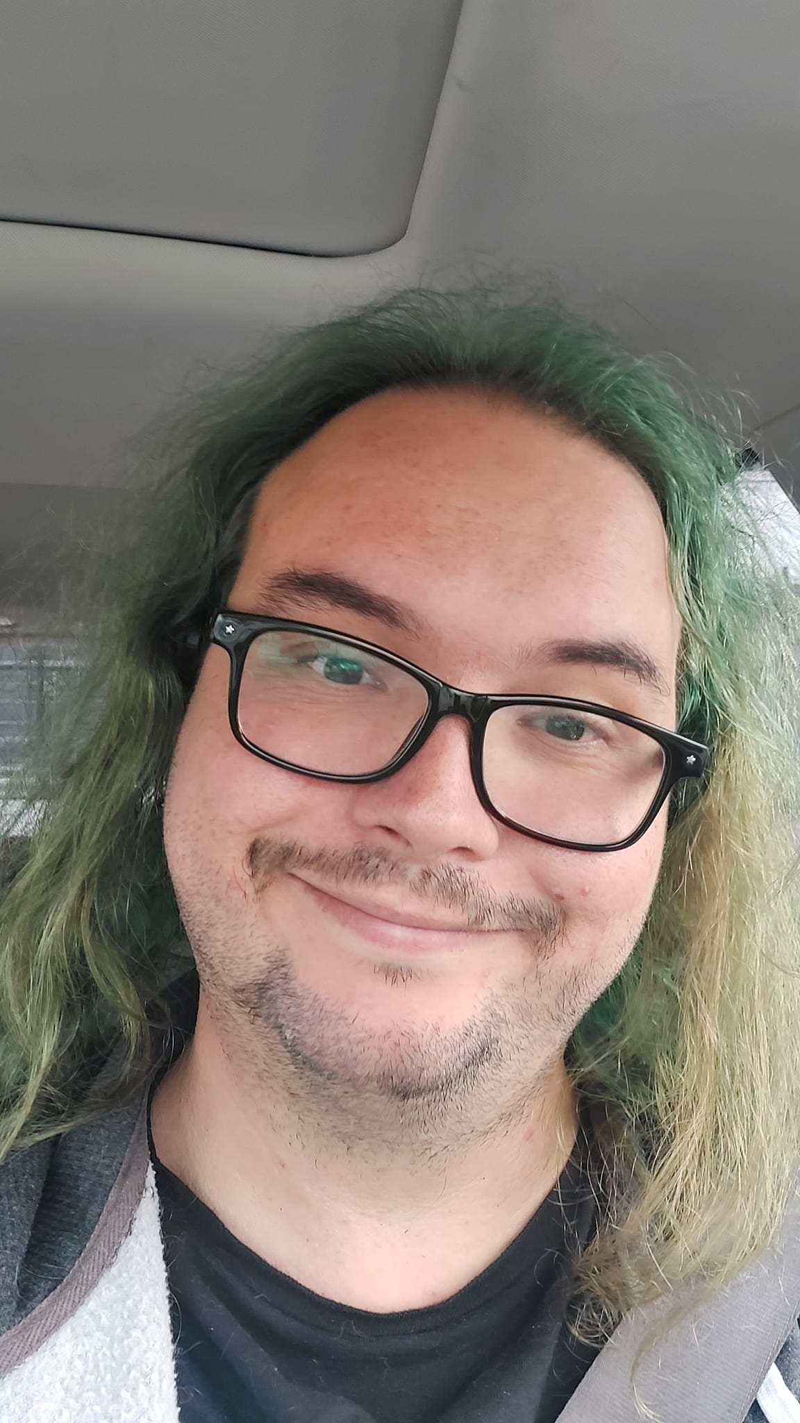 A man with long green hair and no beard sits in a car, Photo 2